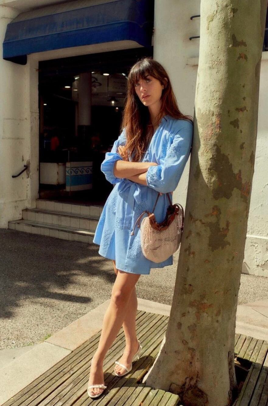 ZARA Sky Blue Poplin Dress With Embroidery Size Small